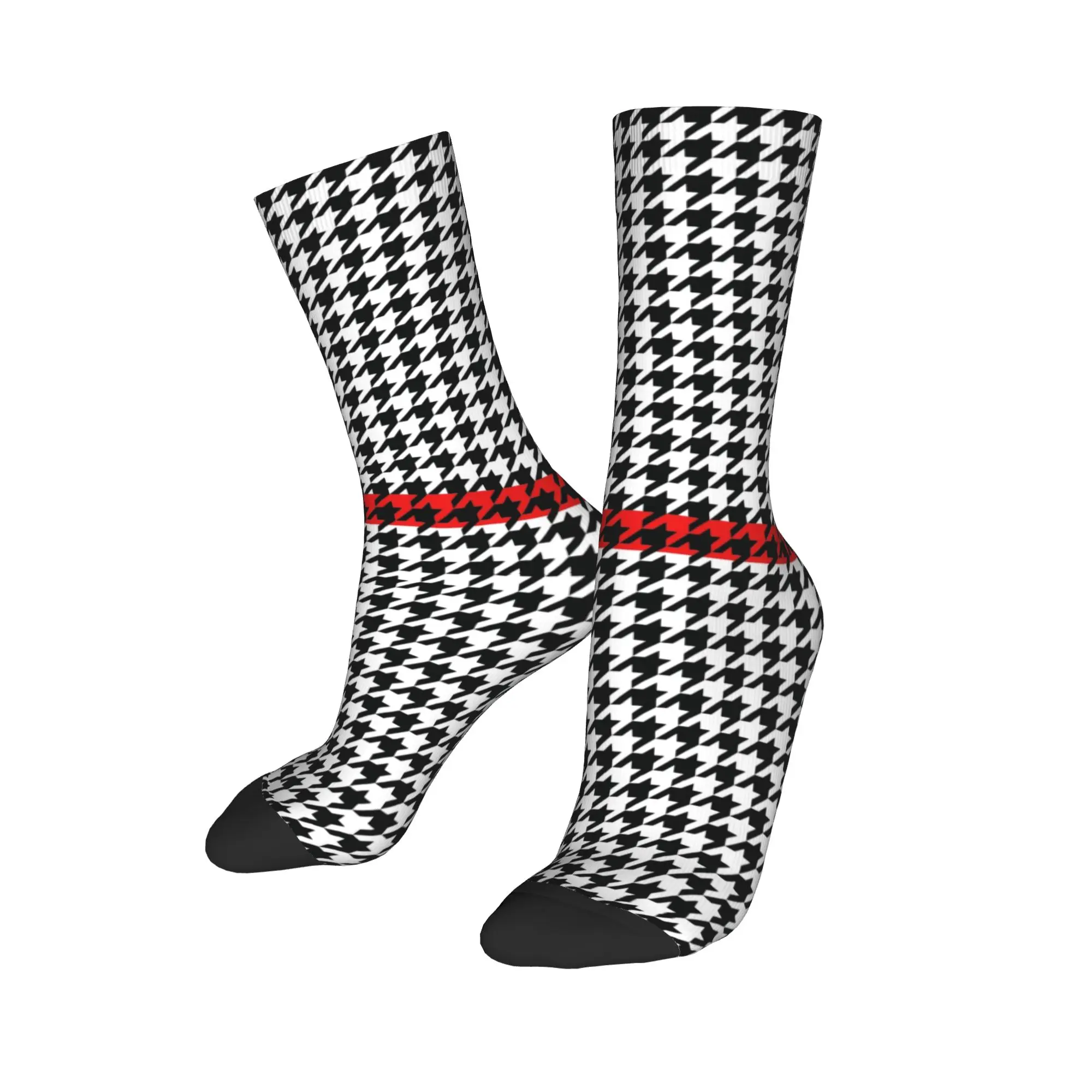 

Custom Modern Houndstooth With Red Stripe Mens Crew Socks Unisex Fashion 3D Print Dogstooth Dress Socks