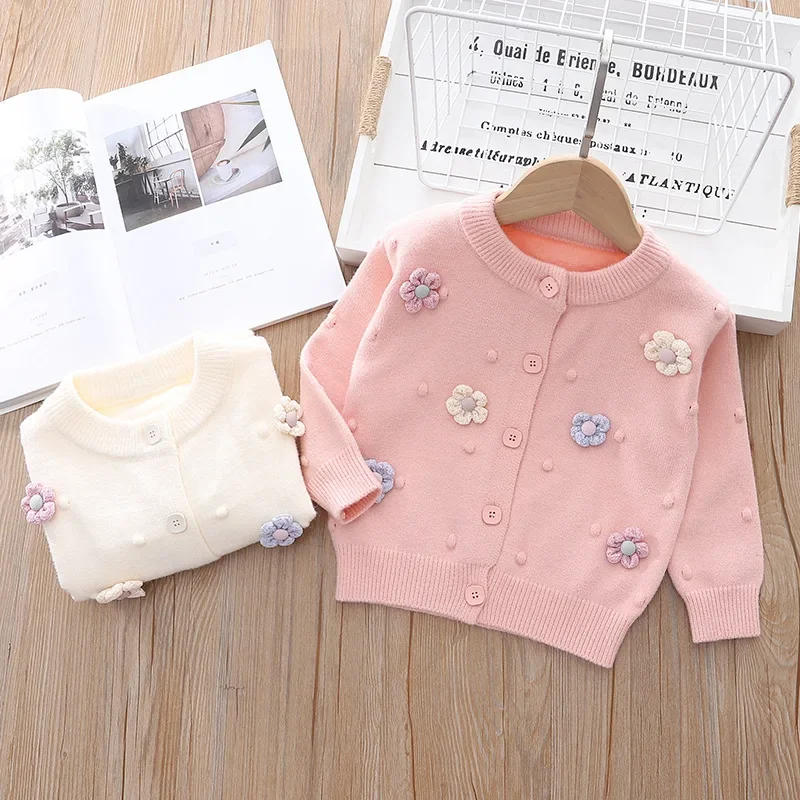 Children's Sweaters Polka Dot Handmade Flower Knitwear Kids Clothes Girls Toddler Cardigan Winter Clothes for Girls