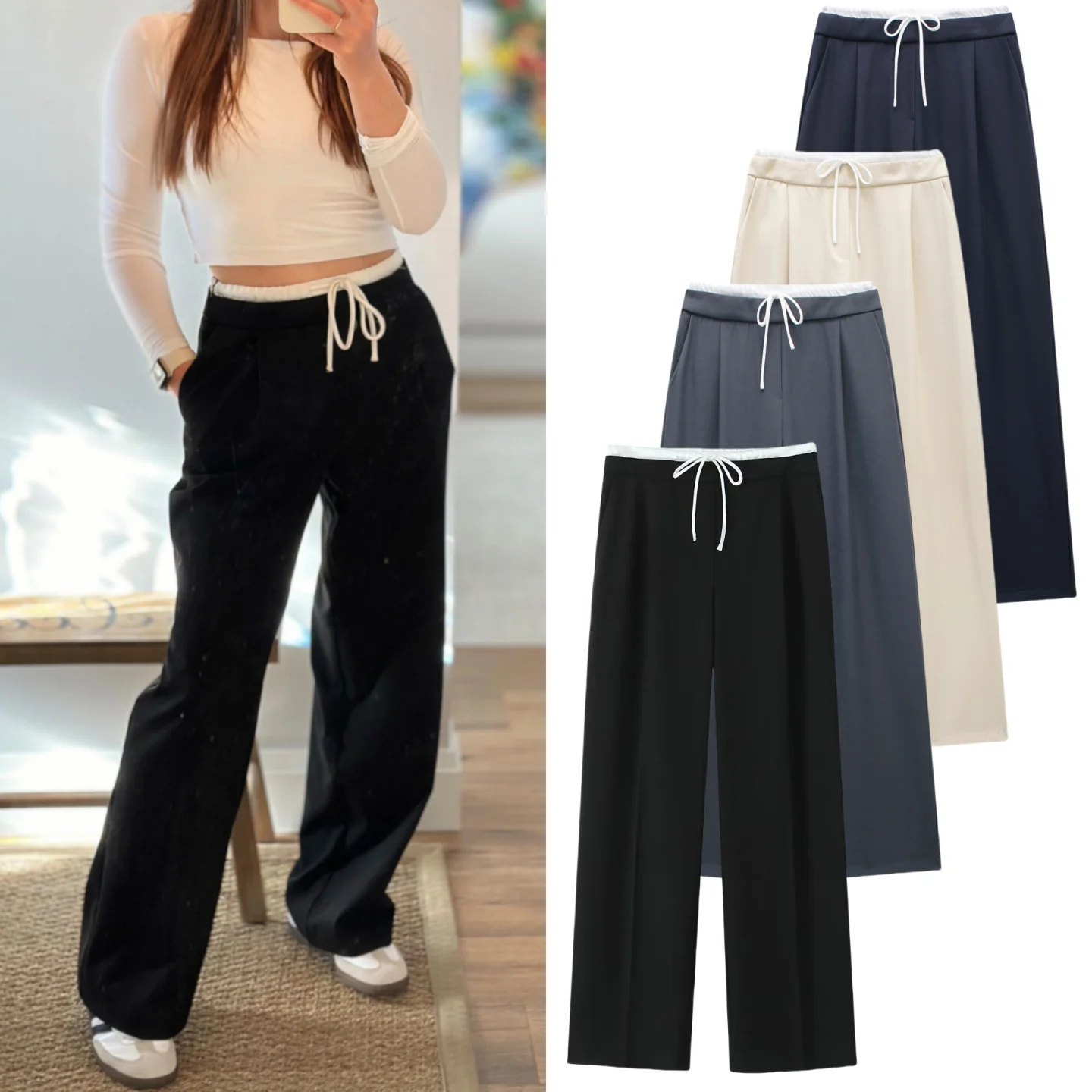 

TRAF women's spliced side pockets loose straight wide-leg pants retro high elastic waist drawstring women's summer 2024 new