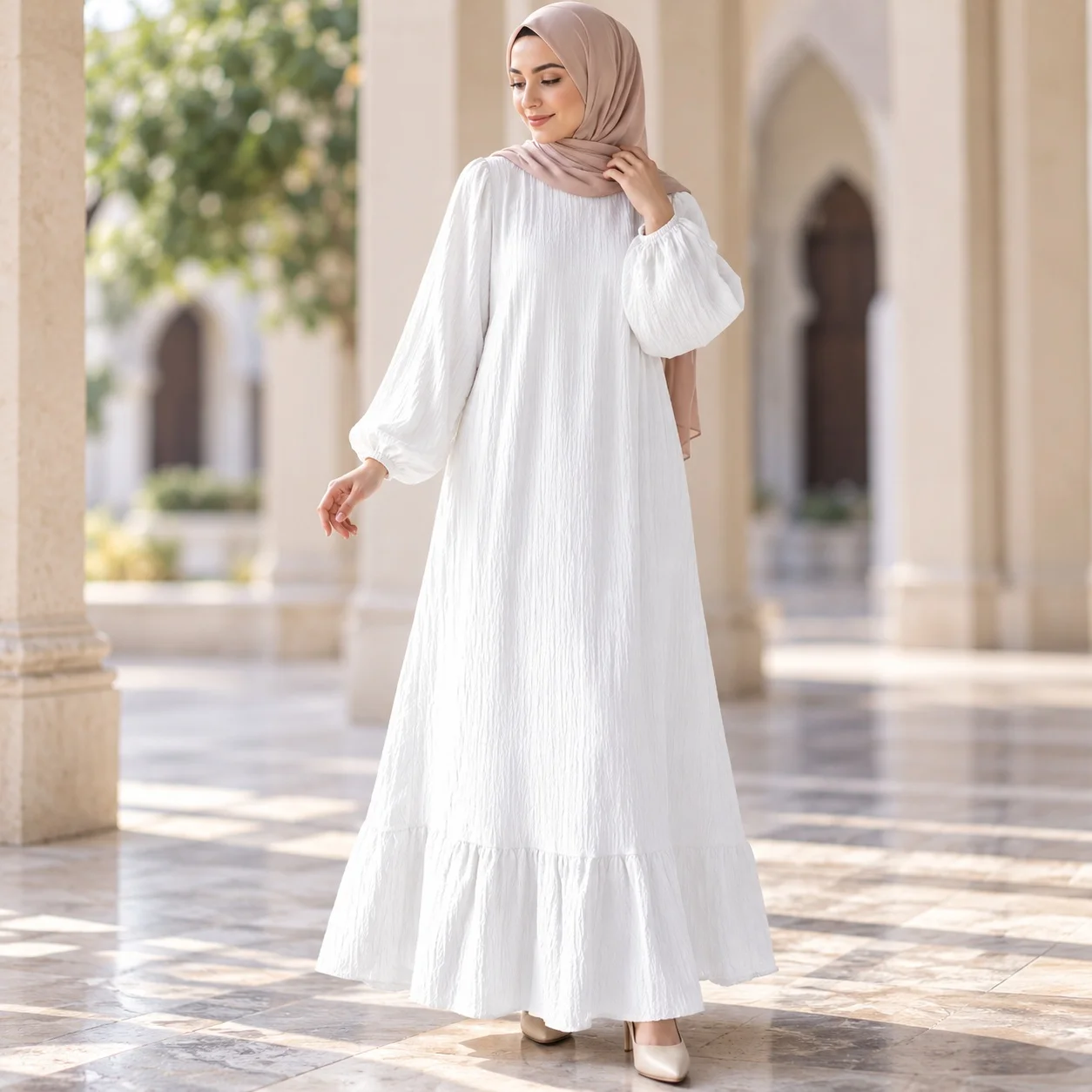 Round Neck Long Sleeve Dress a Line Commuter with Crinkled Loose Fit Maxi Length Mid Waist Casual Office Style Daily for Women