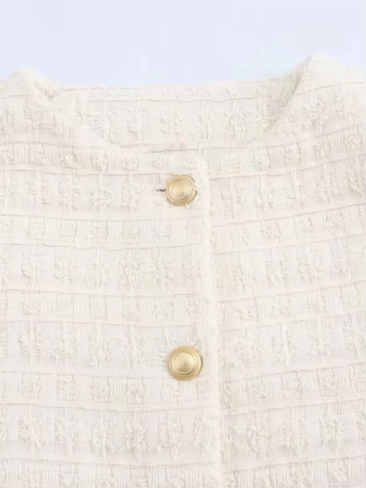 Veste en Tweed à manches longues pour femmes, poches avant, boutons dorés, manteau à col rond, vêtements d'extérieur pour femmes, hauts chics, à la mode