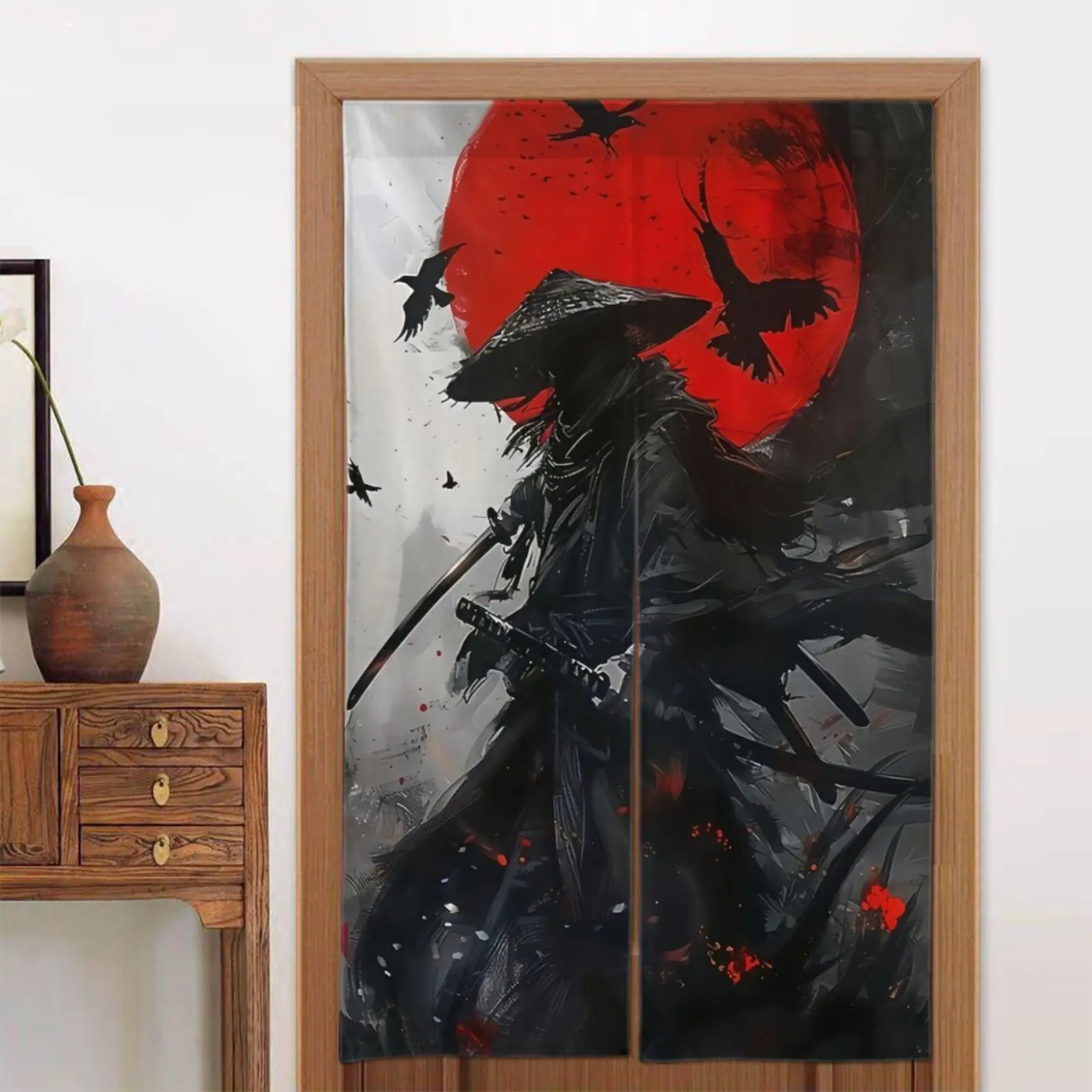 japanese samurai warrior door curtain red moon crow art half panel room divider home decor  Enhance spatial aestheticsQuickSetup