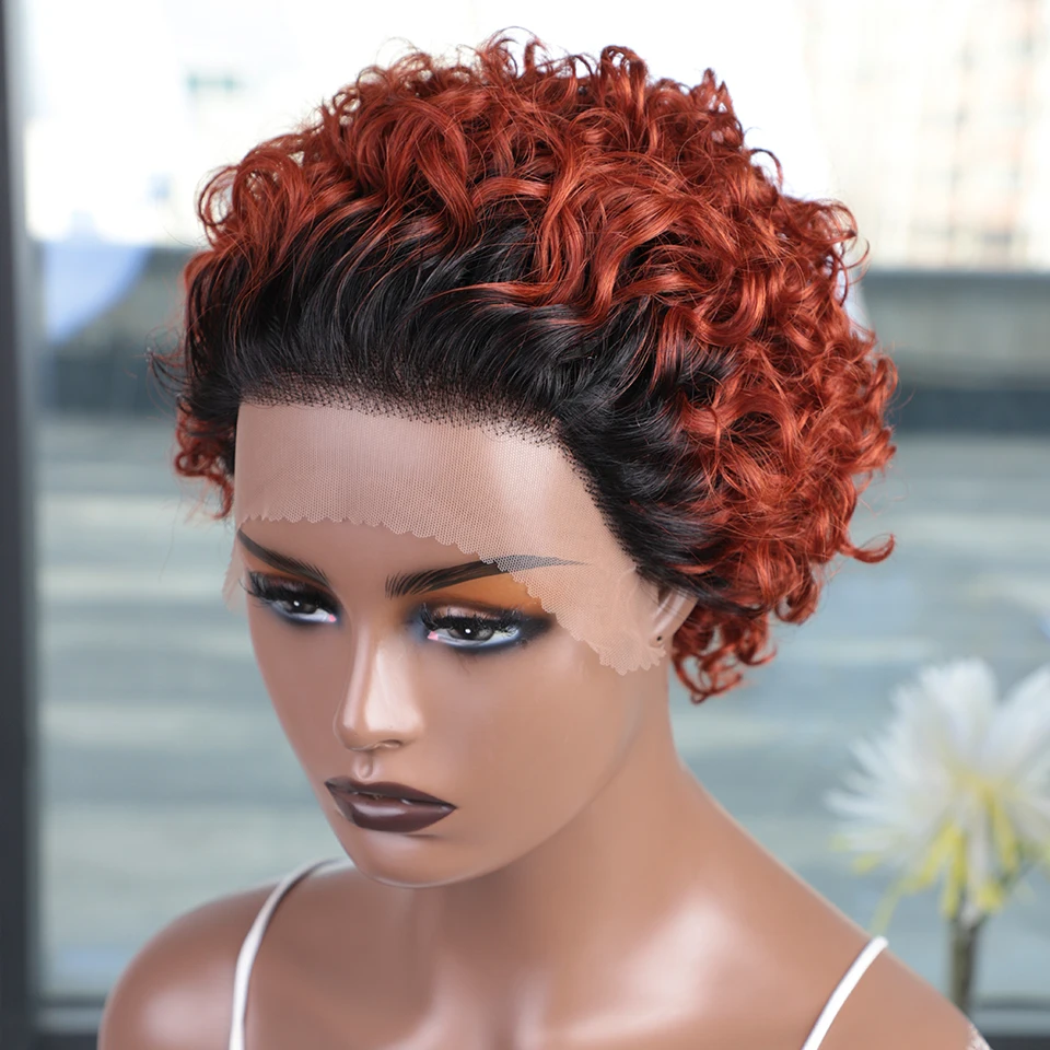 Sleek Peruvian Pixie Cut Wig Short Bob Curly Human Hair Wigs Ombre TT1B/350 Transparent Lace Water Deep Wave Lace Front Wig