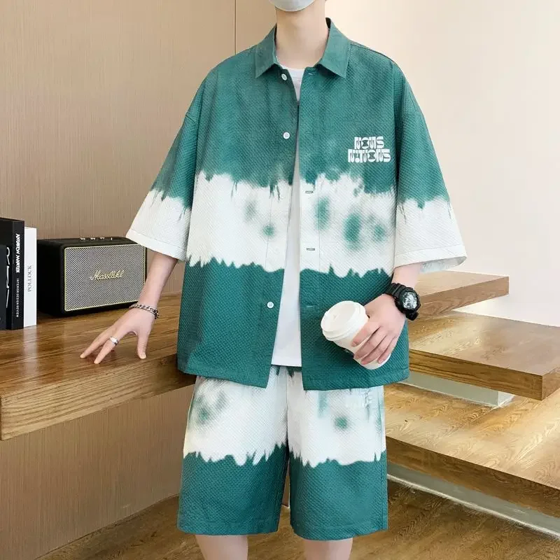 Male Large Size Versatile Suit Summer Shirt Set Handsome Small Fragrant Style Elbow Sleeve T-shirt Shorts Style Trendy