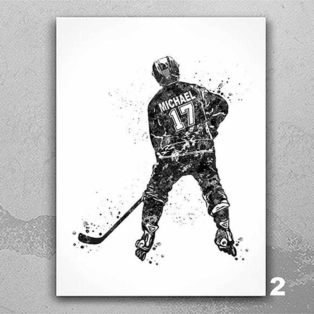 Personalized Ice Hockey Player Watercolor Poster Print Custom Hockey Name & Number Canvas Painting Bedroom Decor Man Gift