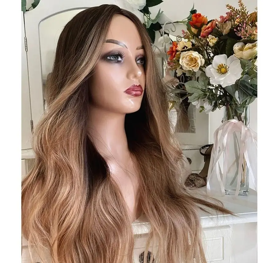 Perruque Lace Front Wig synthétique sans colle, cheveux ondulés, couleur blond miel ombré brun, avec naissance des cheveux pre-plucked