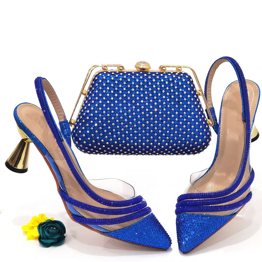 

Popular R.blue Women Pointed Toe Shoes Match Handbag With Crystal Decoration African Dressing Pumps Set CR333,Heel 7CM