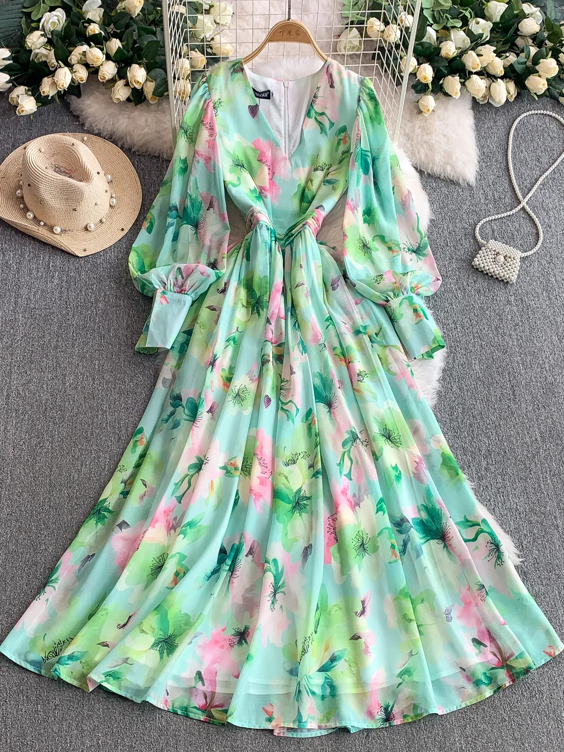 Ele v-ne longue Sve mousseline de soie Dr femmes été plissé taille cintré minceur vacances Maxi jupe coréenne Sle imprimé