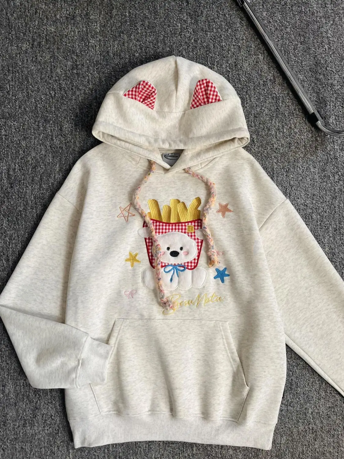 

American Retro Embroidered French Fries Dog Ears Sweater Women's Autumn And Winter Loose Sweet Cool Fleece Hooded