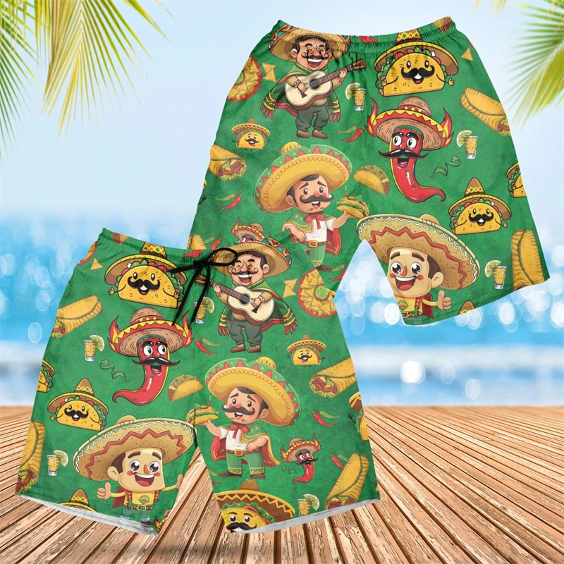 Mexico Cinco De Mayo 3D Printed Short Pants For Men Clothes Cartoon Aninmal  Chicken Roll Beach Shorts Funny MexicanTaco Trunks