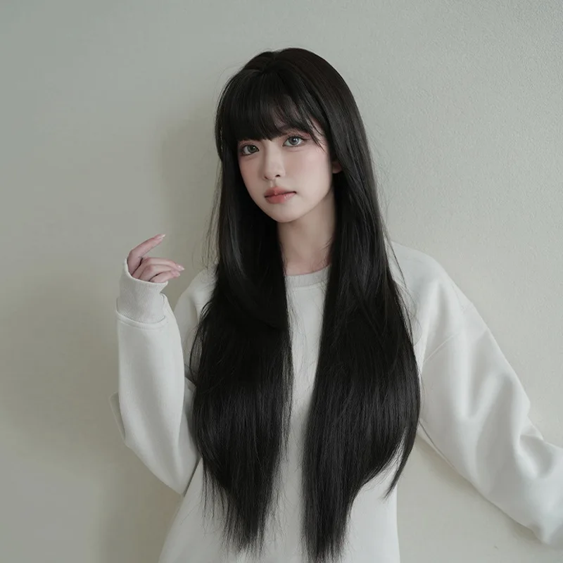 前髪付きストレートヘアウィッグ、黒ウィッグ、非レースナチュラルカラー、コスプレパーティーナチュラルウィッグ、女性が使用するのに適しています