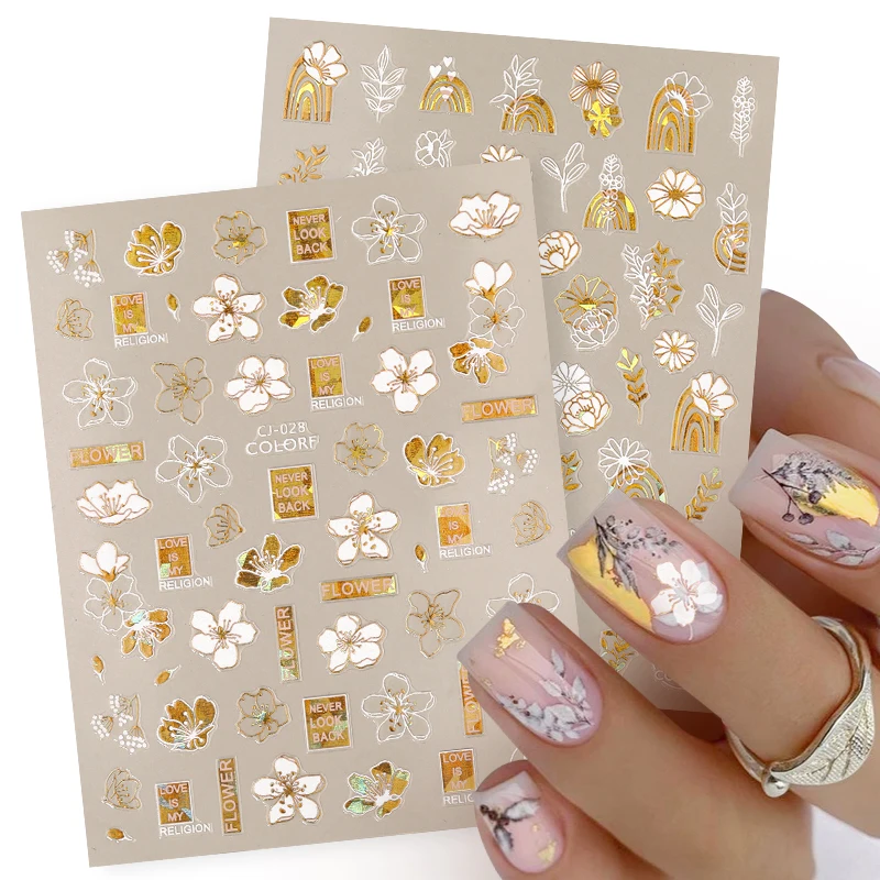 1PC 3D Nail Stickers White Gold Leaf Abstract Line Pattern Self-Adhesive Slider Nail Art Decorations Leaf Love Heart Nail Decals