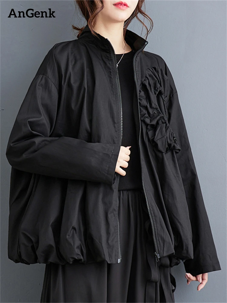 2024 Spring Autumn Women's Black Solid Color Jacket Casual Loose All Match Double-layer Oversize Fashion Standing Collar Coat