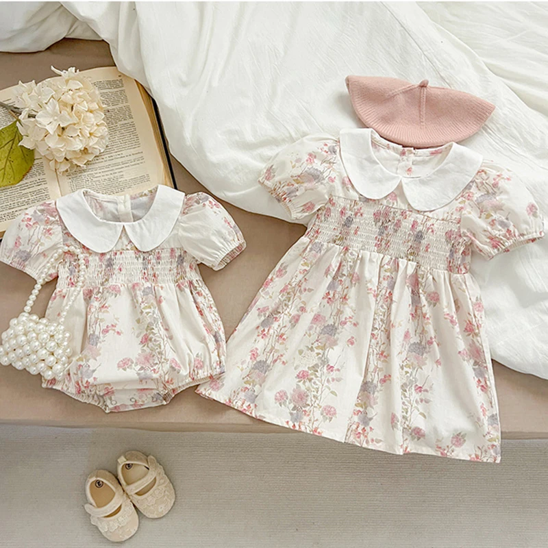 New Summer Sister Match Outfits Pink Princess Dress Sister Baby Girls Clothes Puff Sleeve Floral Romper Cotton Dress One-Pieces