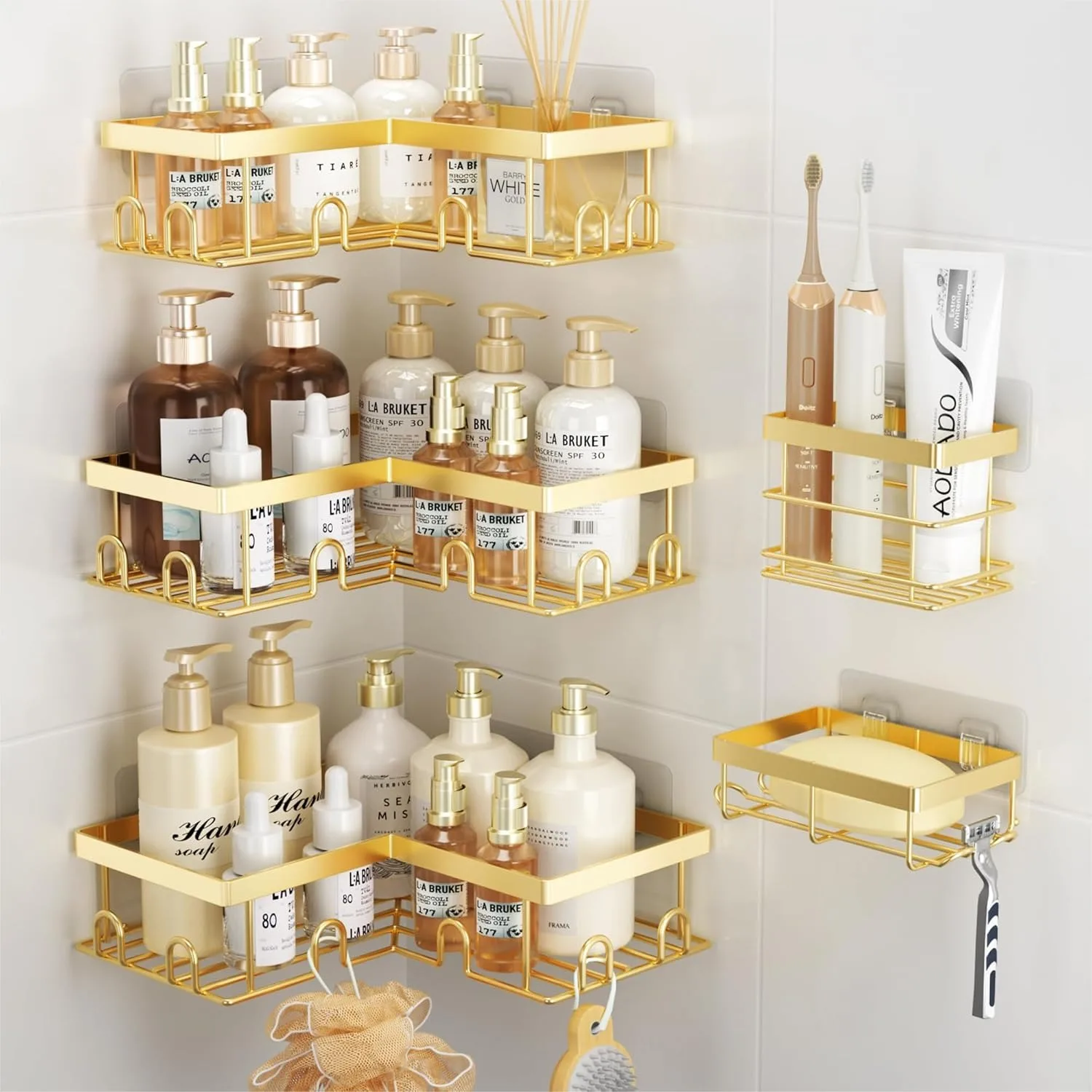 

Rustproof Stainless Steel Corner Shower Caddy 5 Pack with Soap Rack Toothbrush Holder, Adhesive No Drilling for Bathroom Kitchen