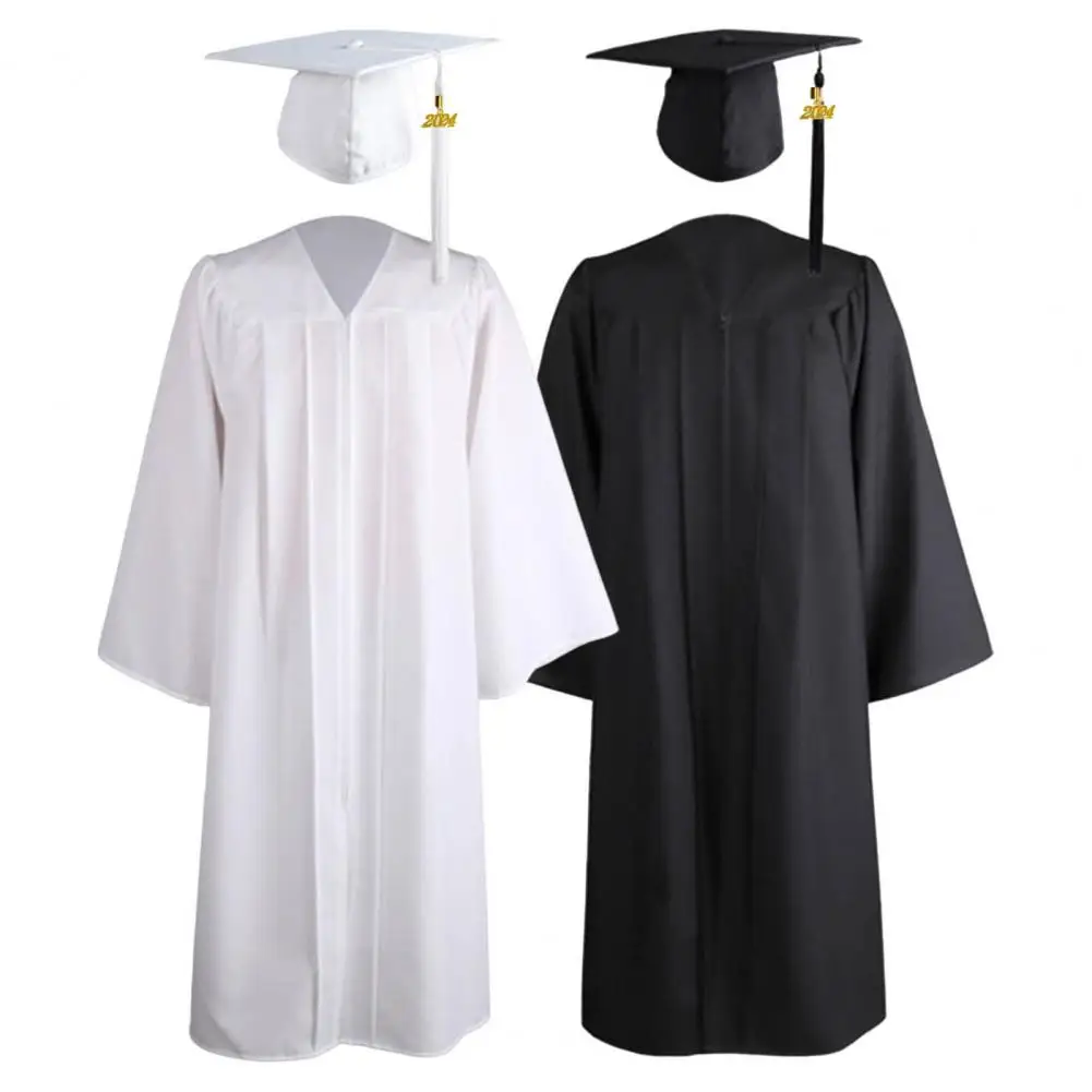 Adults Graduation Gown Tassel Hat Zipper V Neck Loose Solid Color High School Bachelor Academic Dress Student Graduation Costume