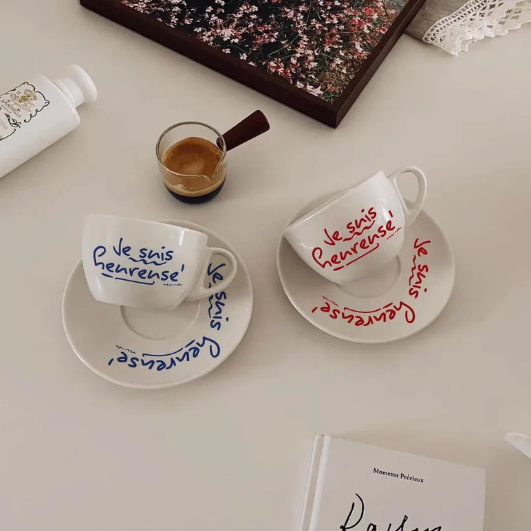 French Letter Ceramic Coffee Cup And Plate Set Romantic Coffee Nordic Style Vintage Glass Inner Bowl Text Pattern