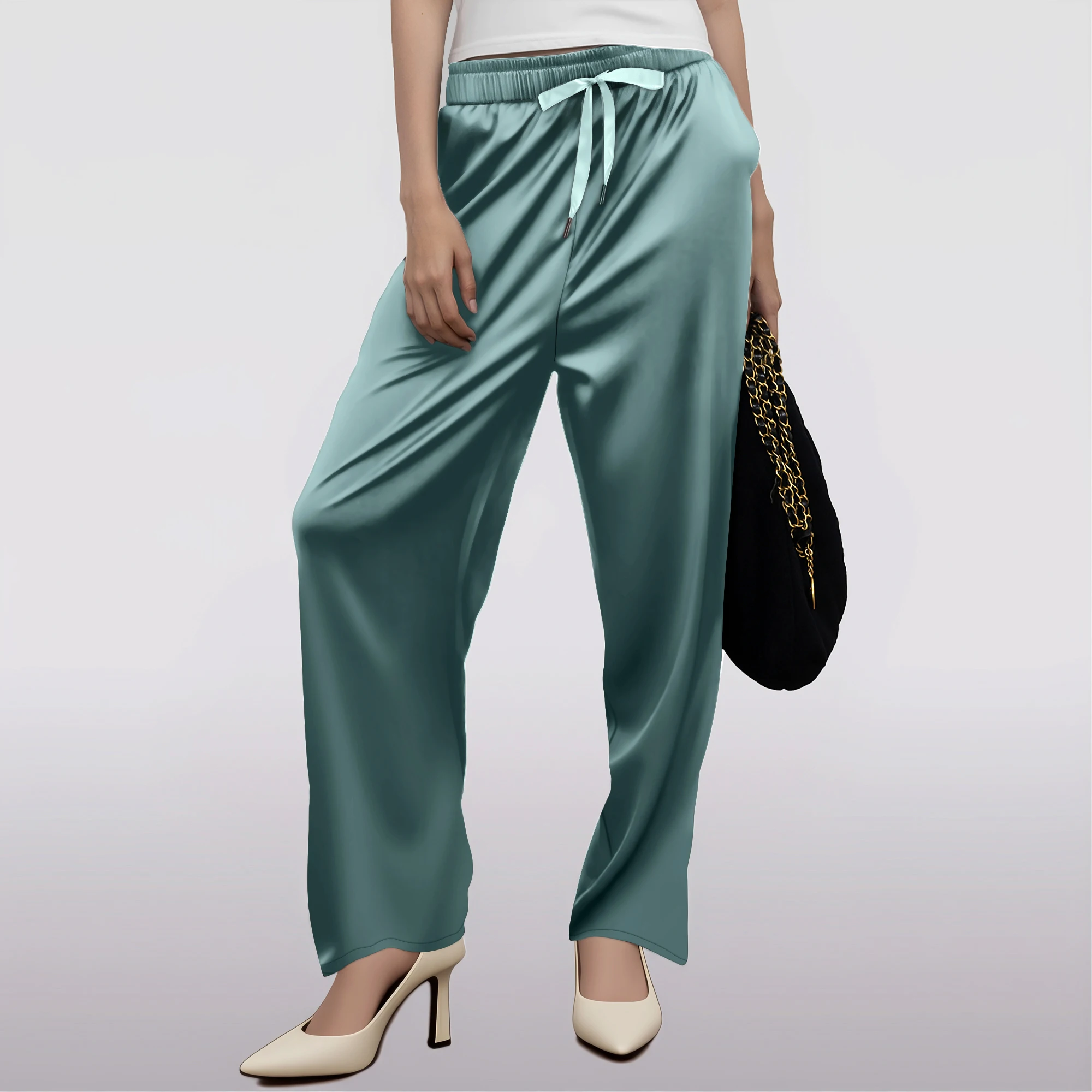 Women's Ice Silk Wide-Leg Satin Pants Summer Trousers High-Waisted Mint Green Casual Loose-Fitting Pants Wide-Leg Trousers