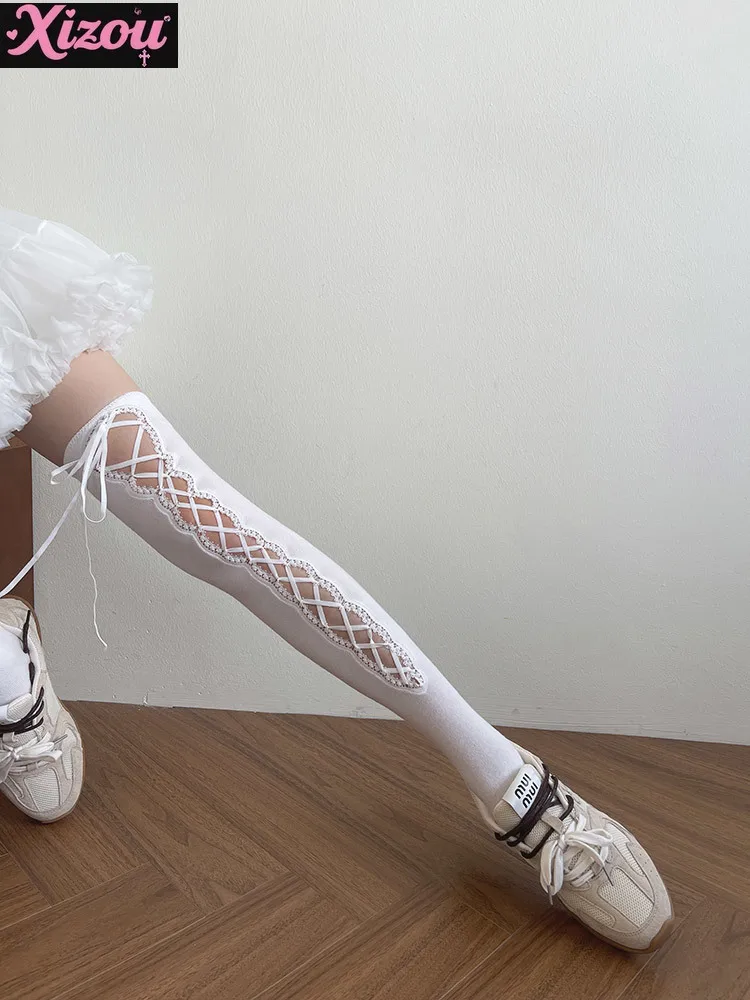 Japanese new product hollow lace design DIY elastic strap jk girl college wind tube over knee thigh socks for women