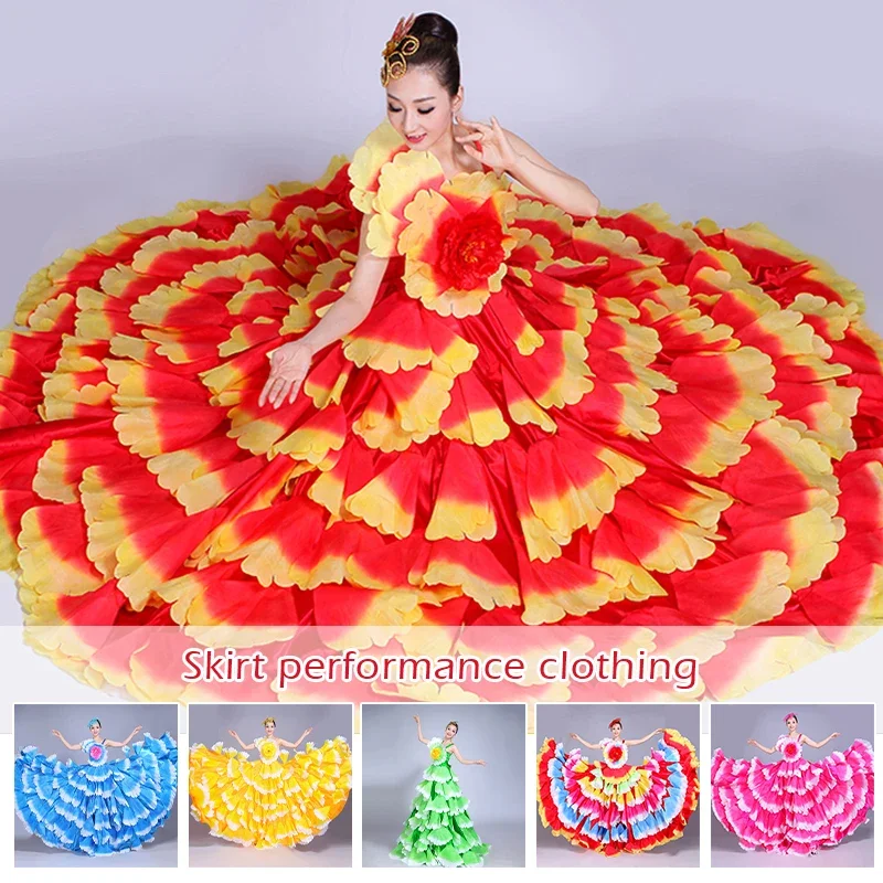 Flamenco Jurk Moderne Dans Zigeunerrok Grote Bloemblaadje Jurk 180/360/720 Graden Vrouwen Spanje Spaans Koor Stage Performance kostuum