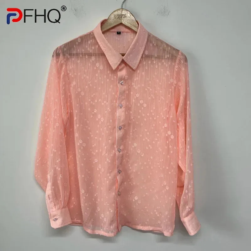 

PFHQ Jacquard Transparent Drape Summer Designer Men's Shirt 2024 Turn-down Collar Solid Color Male Tops Fashion 21Z5064