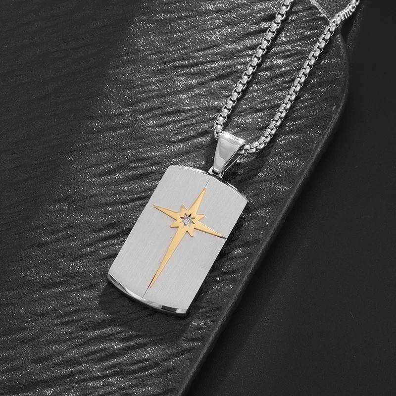 Stainless Steel Six-Pointed Star Zircon Cross Military Brand Pendant Necklace Men's Hip-Hop Cool Sweater Chain Accessories