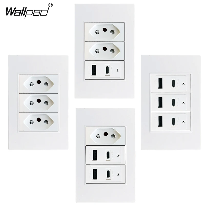 Fast Charge 10A/20A Brazil Socket with USB Type-C 5V 3100mA Phone Charger Wallpad 118*72mm Fireproof Plastic PC Panel BR Sockets