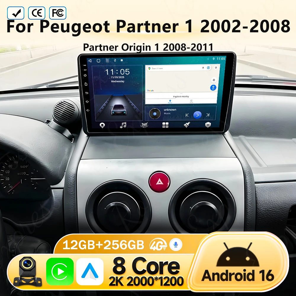 

Автомагнитола с CarPlay для Peugeot Partner 1 2002-2008, Partner Origin 1 2008-2011, GPS, Android Auto, мультимедийный проигрыватель, стереосистема, без 2DIN