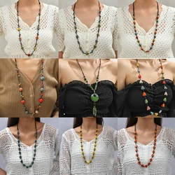 Bohemian Ethic Vintage Style Ceramic Colored Flat Bead Long Necklace for Women Summer Jewelry