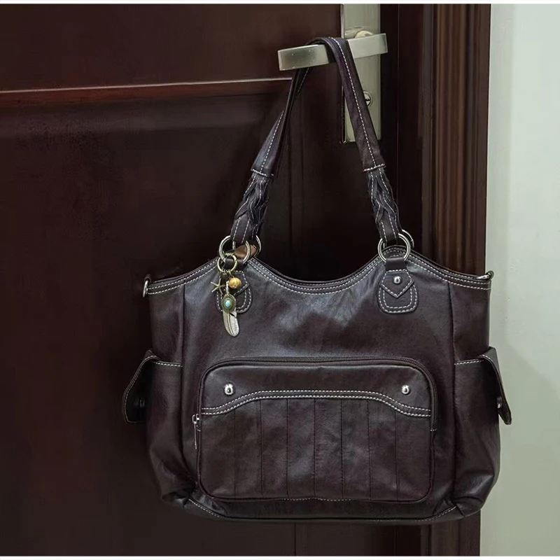 

Женская большая сумка в стиле ретро, плиссированная сумка через плечо с двойным карманом в корейском стиле, милая и крутая мотоциклетная пригородная сумка