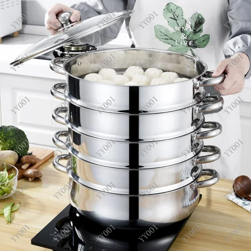 28cm 5 Layer Stainless Steel Steamer Pot Thick Soup Steam Pot for Induction Cooker Gas Stove