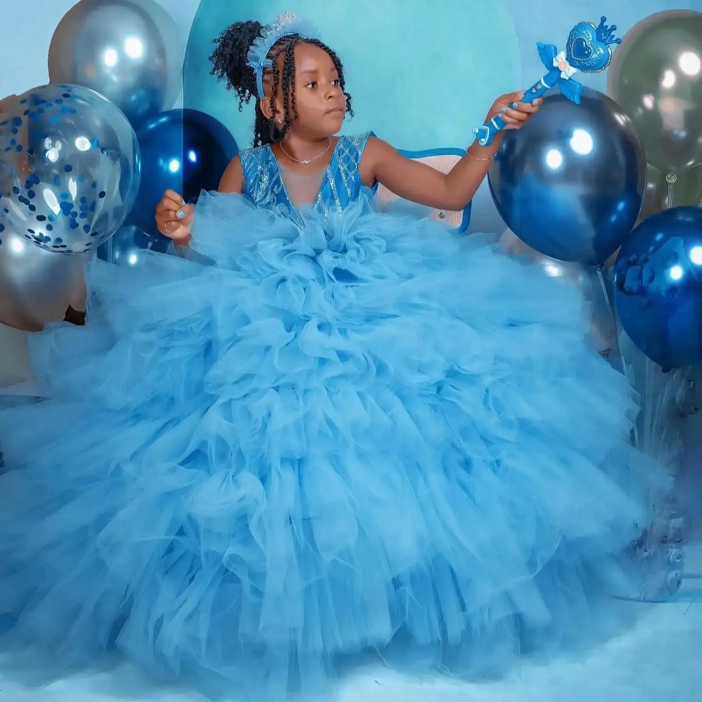 

Blue Ball Gown Flower Girl's Dresses for Wedding Customized Tiered Tulle Ruffle Kids Party Girls Pageant Dress Birthday Gowns