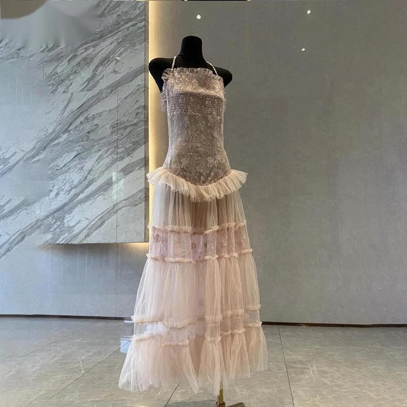 

Summer Lace Patchwork Dress Women Slimming Strapless Embroidered A-line Ankle-length Dresses New L82Q