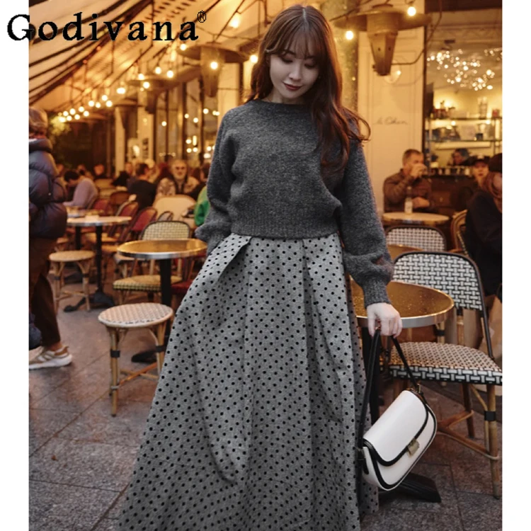 

Japanese Style Sweet Flocked Polka Dot Tweed Spring and Autumn Skirt Women's High Waist Elastic Waist Elegant Long Skirt 2025