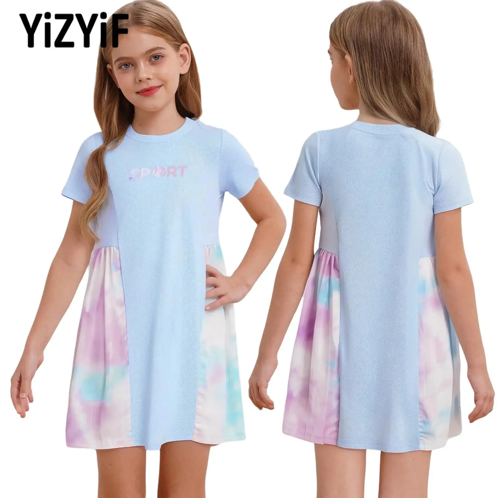

Children's Quick-Drying Tennis Dress Short Sleeve Tie-Dyed Pleated T-shirt Dress for Girls Badminton Workout Outdoor Sports Wear