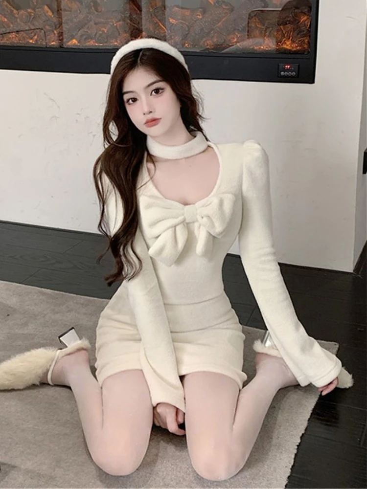 Mini Robe Blanche Kawaii à Manches sulfpour Femme, Tenue de Soirée Sexy, de Styliste, Chaude, Découpée, Chic, Slim, Hiver 2022