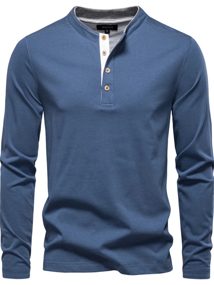 

New 2025 Men's Long Sve T-irt Henry Collar Contrast Cotton Breathable Antibacterial Wear Resistant Ciwalk Busin Sle