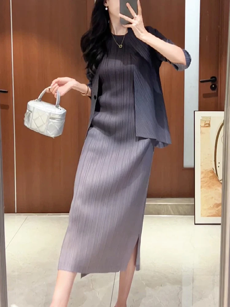 Women Gradient Colour Set Single-Breasted Long-Sleeved Top Round Neck Sleeveless Dress 2025 Autumn New Fashion Casual Set