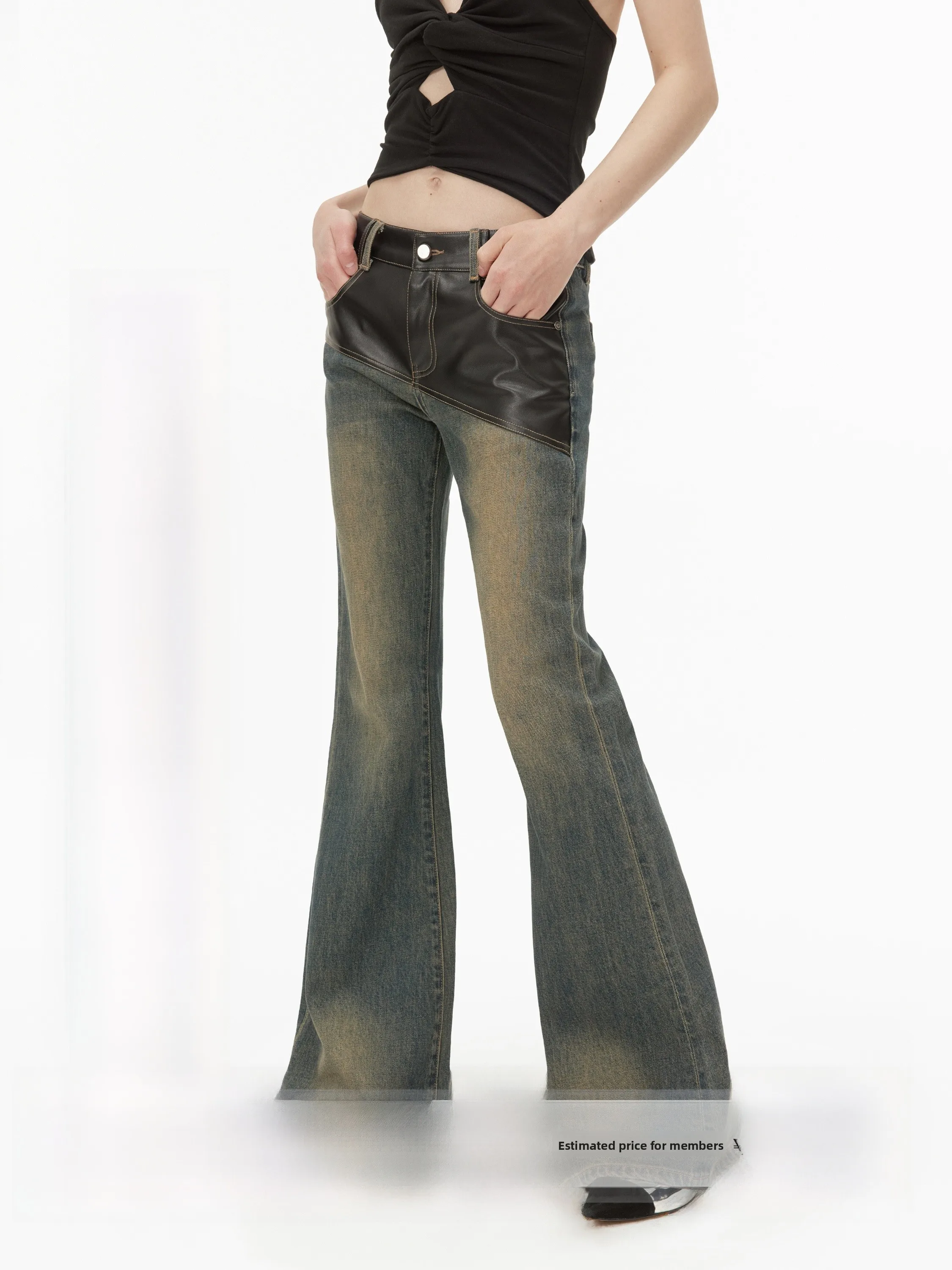 

Кожаные джинсовые джинсы в стиле пэчворк с низкой талией, женские весенние винтажные брюки длиной до пола, облегающие брюки Bootcut