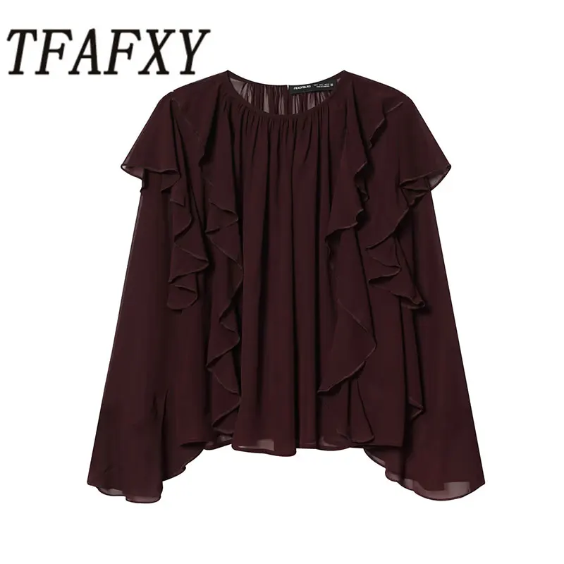 

TFAFXY 2026, весна-лето, тонкая полупрозрачная женская свободная рубашка, повседневная блузка с многоуровневыми оборками и длинными рукавами, женский топ Y2K