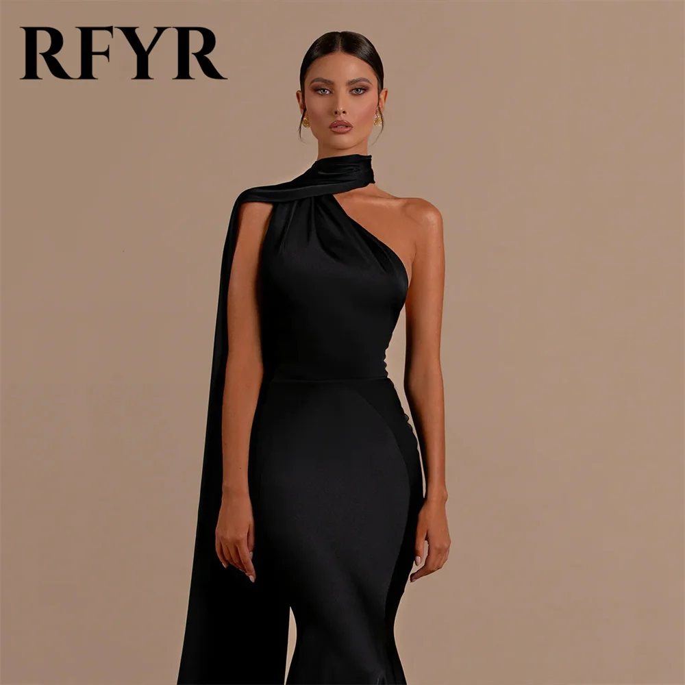 Rfyr schwarz Ballkleid sexy rücken frei Neck holder Meerjungfrau Abendkleider ärmellose Satin Party kleid Slim Fit boden lang فستان س카رة