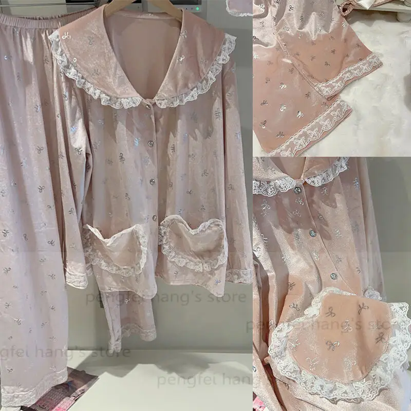 

Hot Silver Butterfly Pajamas Suit Women Nightwear Warm Velour Pijama Mujer Sexy Lace Trim Pjs Top Pants Pyjamas Femme Velvet