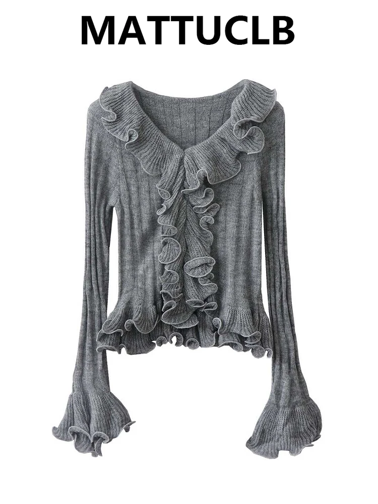 

Autumn Winter Women's Ruffle Sweater Korean Vintage Shoujo 2000s Long Sleeve Cuddly Simple Solid Color Jumper Knitwear Jerseys