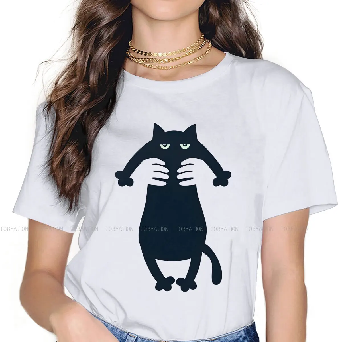 Magic Hands Holding A Chubby  Cat Harajuku TShirt Black Cat Printing Tops T Shirt Women Tee Special Gift Clothes