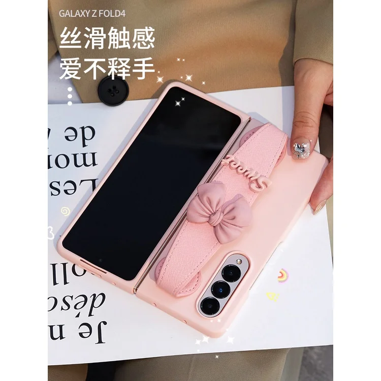 For Samsung Galaxy Z Fold 7 6 5 4 3 2 5G Phone Case Fashion Cute Bow Wrist Band Bracket Pink Matte Cover