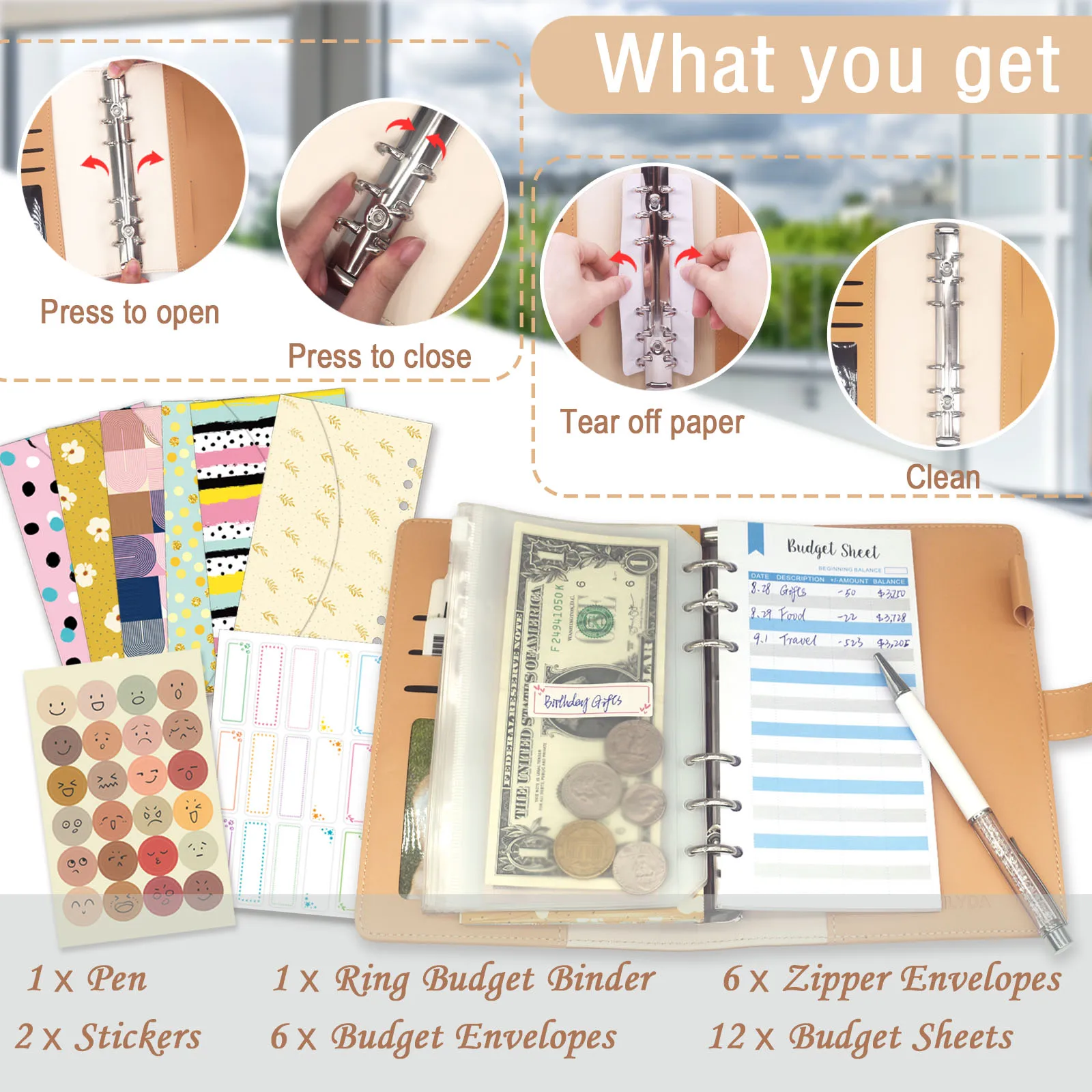 Budget Binder with Zipper Envelopes, Cash Envelopes with Budget Sheets, PVC Pockets, Cash Envelopes, Stickers & Pen