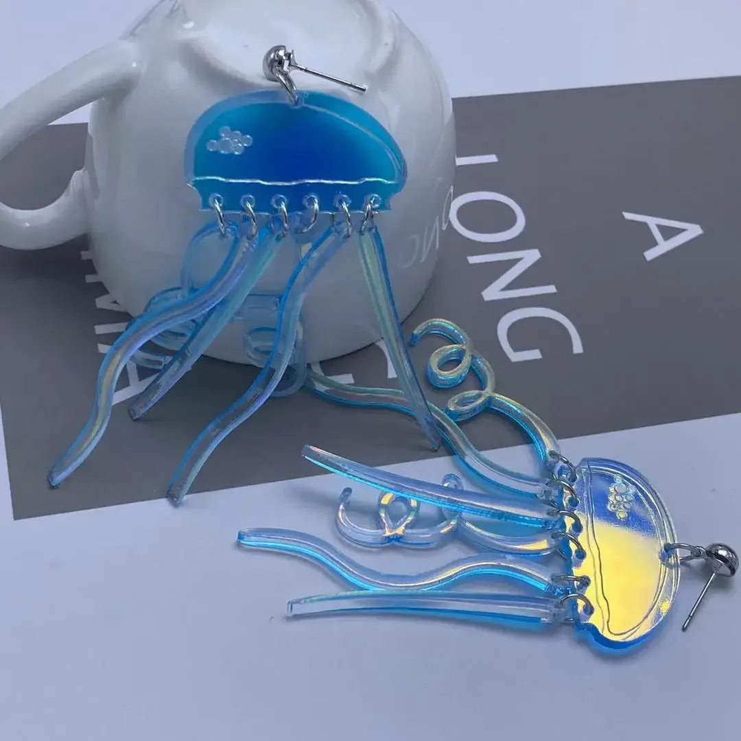 1 Pair Colorful Reflective Jellyfish Long Tassels Exaggerated Style Acrylic Earrings Gift