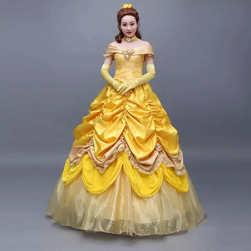 

Boutique Yellow Satin Medieval Princess Dress Cosplay Christmas Carnival Set Adult Customization