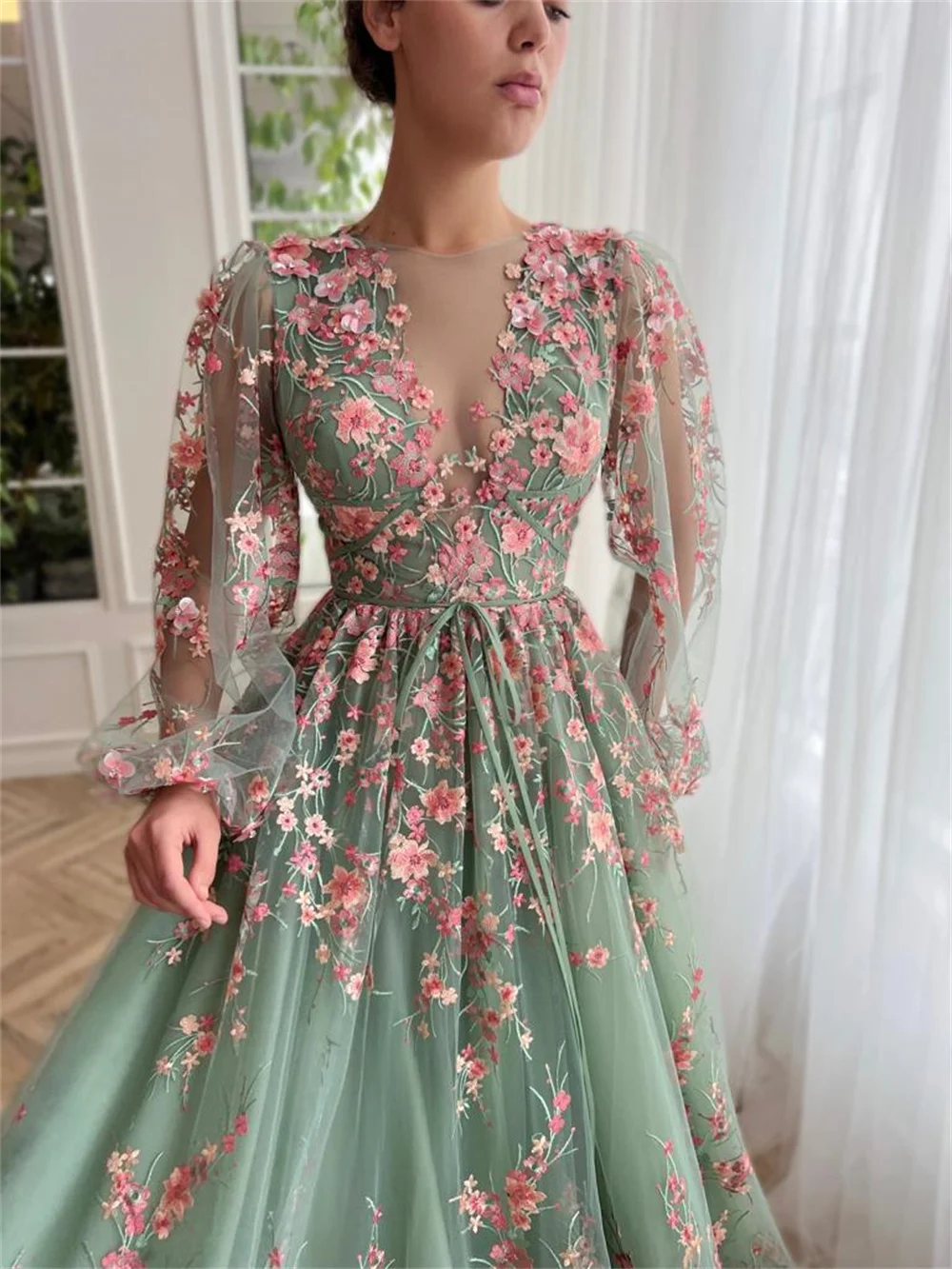 Cathy Customized Flowers Embroidery V-Neck Prom Dress Long Illusion Sleeves vestidos de noiva Floor-Length Evening Dresses 2025 image 2