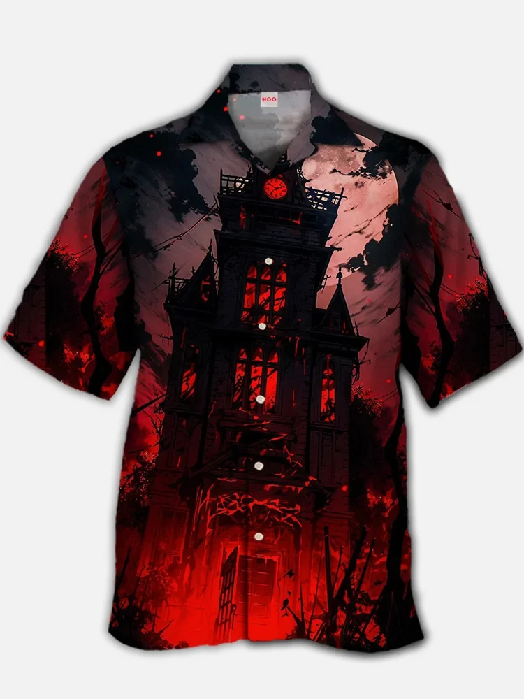 Halloween Haunted House Print Men's Shirt Summer Horror Skull Lapel Shirt Men's Casual Single Breasted Short Sleeve Top